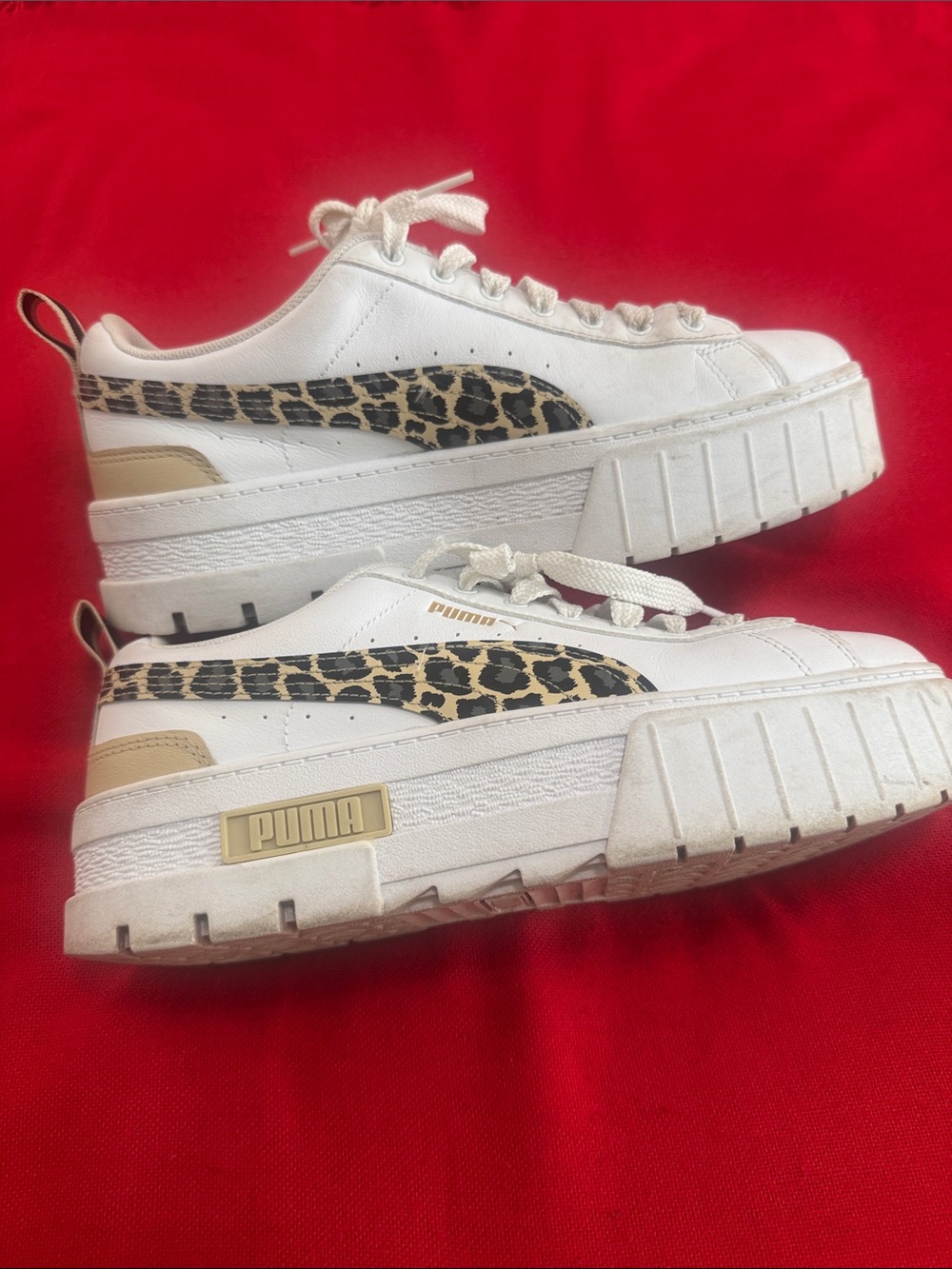 Puma White Leather Platform Sneakers with Leopard Print Formstrip